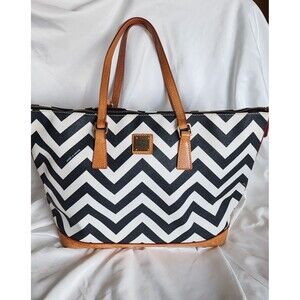 Dooney and Bourke Black & White Chevron Stripe Maxine Tote Large With Tan Straps